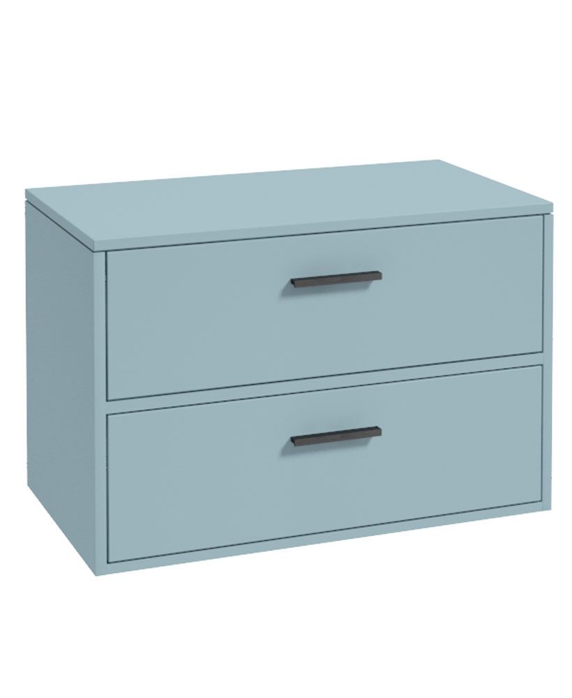 Finland Wall Hung 80Cm Two Drawer Countertop Unit Matt Morning Sky Blue-Black Handles