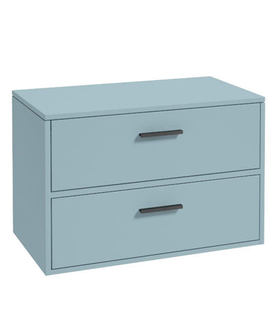 Finland Wall Hung 80Cm Two Drawer Countertop Unit Matt Morning Sky Blue-Black Handles
