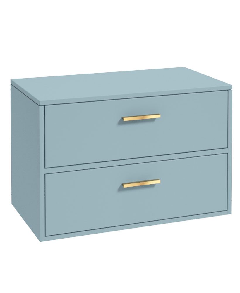 Finland Wall Hung 80Cm Two Drawer Countertop Unit Matt Morning Sky Blue-Gold Handles