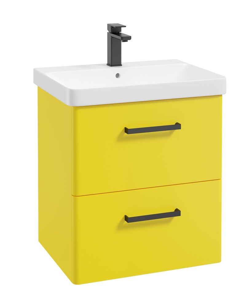 Kora Wall Hung 60Cm Two Drawer Unit Matt Sun-Kissed Yellow-Black Handle