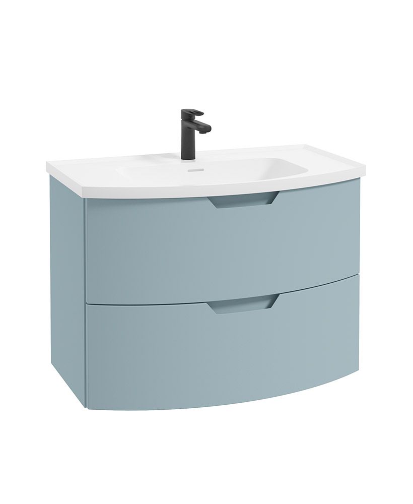 Arc Wall Hung 80Cm Two Drawer Unit Matt Morning Sky Blue & Gloss Basin