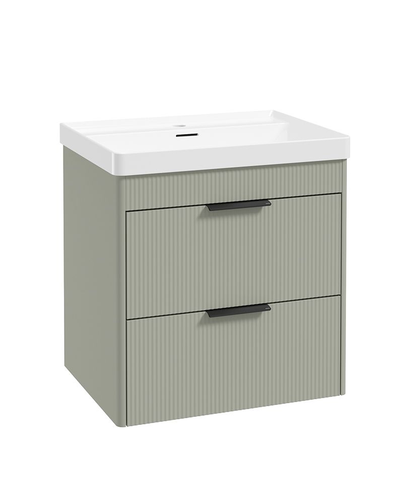 Reed Wall Hung 60Cm Two Drawer Vanity Unit Lakeside Sage & Basin- Matt Black Handles