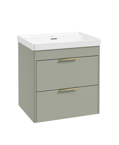 Reed Wall Hung 60Cm Two Drawer Vanity Unit Lakeside Sage & Basin- Brushed Gold Handles
