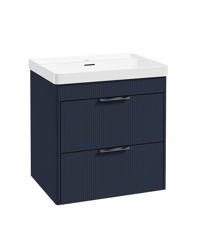 Reed Wall Hung 60Cm Two Drawer Vanity Unit Cobalt Night & Basin - Chrome Handles