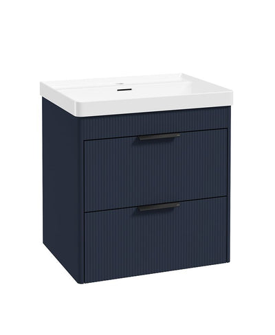 Reed Wall Hung 60Cm Two Drawer Vanity Unit Cobalt Night & Basin - Matt Black Handles