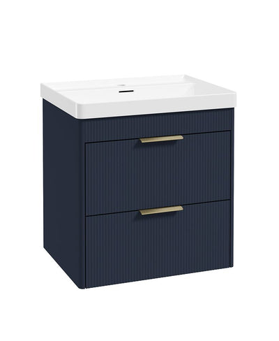 Reed Wall Hung 60Cm Two Drawer Vanity Unit Cobalt Night & Basin - Brushed Gold Handles