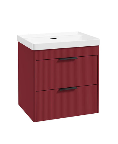 Reed Wall Hung 60Cm Two Drawer Vanity Unit Ruby Fern & Basin - Matt Black Handles