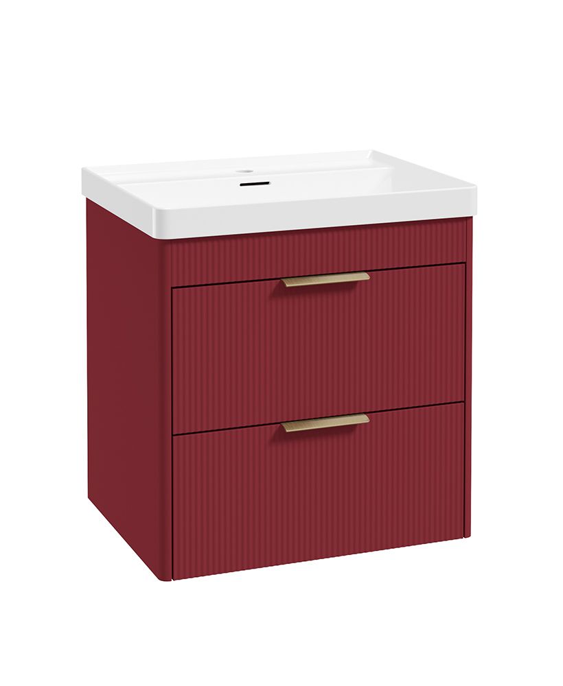 Reed Wall Hung 60Cm Two Drawer Vanity Unit Ruby Fern & Basin - Brushed Gold Handles