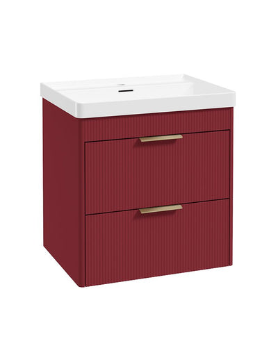 Reed Wall Hung 60Cm Two Drawer Vanity Unit Ruby Fern & Basin - Brushed Gold Handles