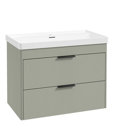 Reed 80Cm Wall Hung Two Drawer Vanity Unit Lakeside Sage & Basin - Matt Black Handles