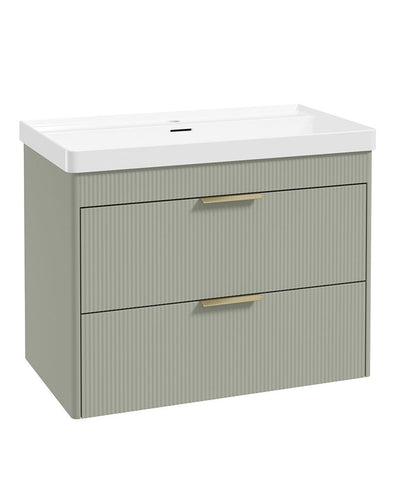 Reed 80Cm Wall Hung Two Drawer Vanity Unit Lakeside Sage & Basin - Brushed Gold Handles