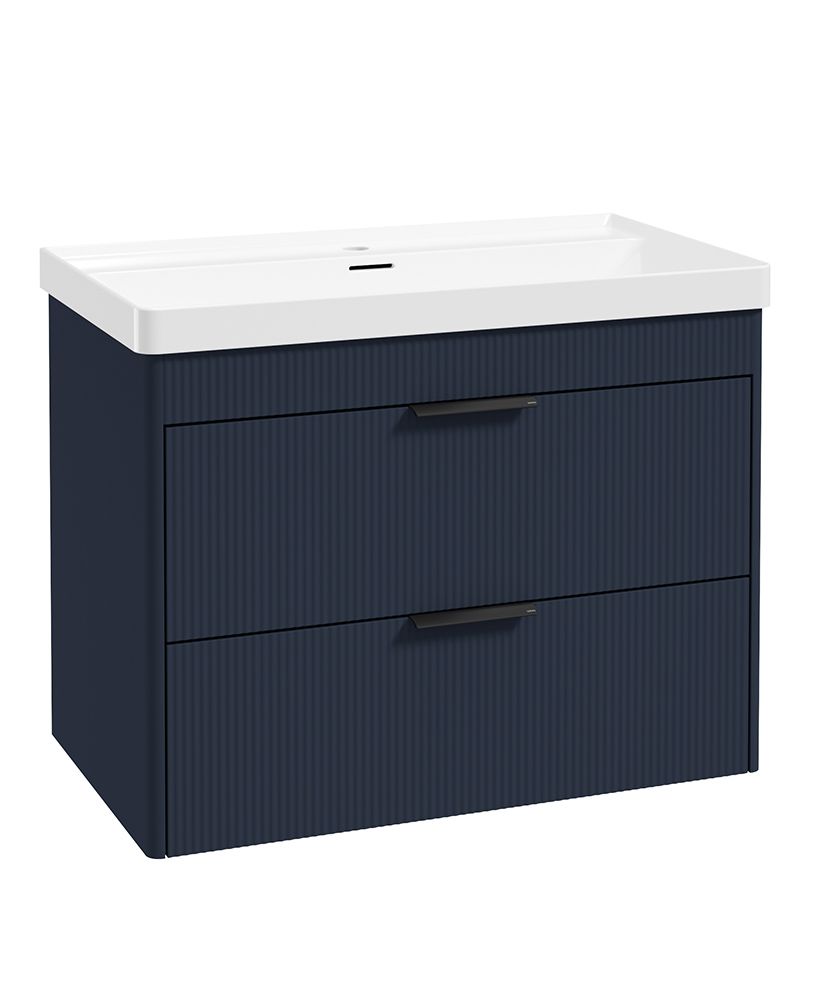 Reed 80Cm Wall Hung Two Drawer Vanity Unit Cobalt Night & Basin - Matt Black Handles