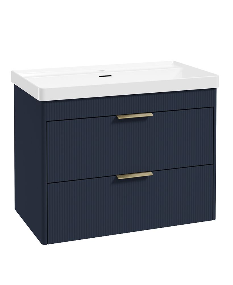 Reed 80Cm Wall Hung Two Drawer Vanity Unit Cobalt Night & Basin - Brushed Gold Handles