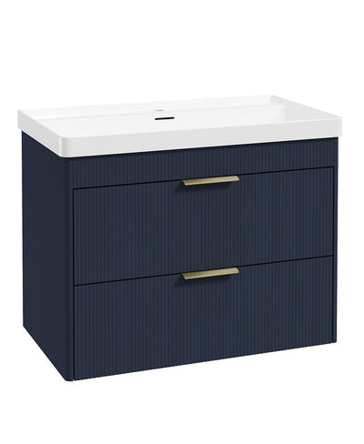 Reed 80Cm Wall Hung Two Drawer Vanity Unit Cobalt Night & Basin - Brushed Gold Handles
