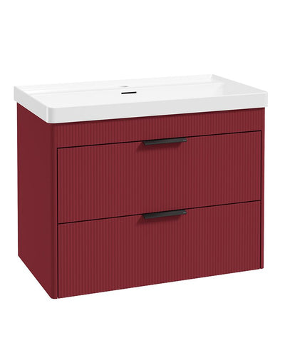 Reed Wall Hung 80Cm Two Drawer Vanity Unit Ruby Fern & Basin - Matt Black Handles