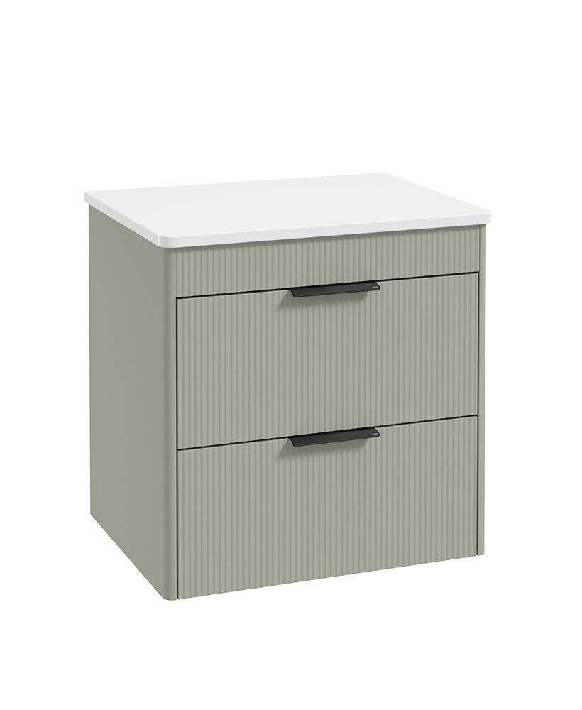 Reed Wall Hung 60Cm Two Drawer Countertop Vanity Unit Lakeside Sage- Brushed Gold Handles