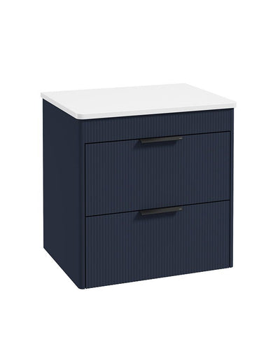 Reed Wall Hung 60Cm Two Drawer Countertop Vanity Unit Cobalt Night - Matt Black Handles