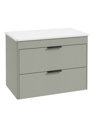 Reed 80Cm Wall Hung Two Drawer Countertop Vanity Unit Lakeside Sage - Matt Black Handles