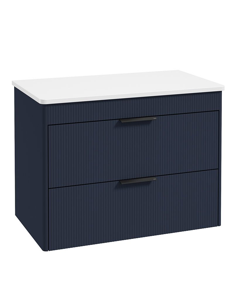 Reed 80Cm Wall Hung Two Drawer Countertop Vanity Unit Cobalt Night - Matt Black Handles