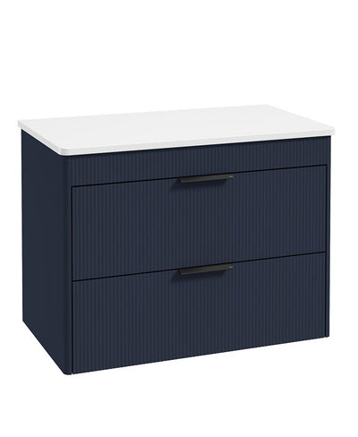 Reed 80Cm Wall Hung Two Drawer Countertop Vanity Unit Cobalt Night - Matt Black Handles