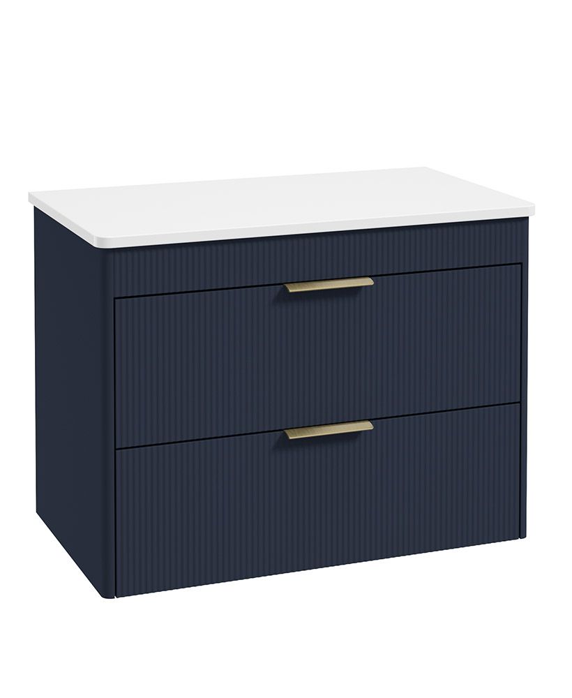 Reed 80Cm Wall Hung Two Drawer Countertop Vanity Unit Cobalt Night - Brushed Gold Handles