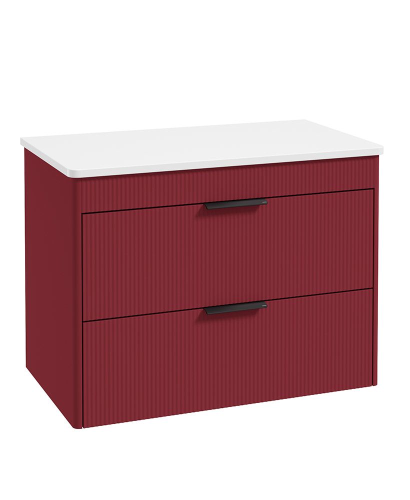 Reed Wall Hung 80Cm Two Drawer Countertop Vanity Unit Ruby Fern - Matt Black Handles