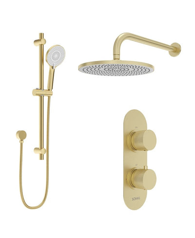 Alita Knurled Shower Set 1 & Wall Mounted Fixed Head Brushed Gold