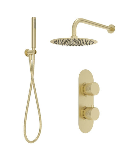 Alita Knurled Shower Set 2 & Wall Mounted Fixed Head Brushed Gold