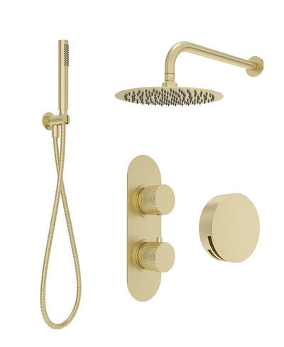 Alita Knurled Bath Set 3 & Wall Mounted Fixed Head Brushed Gold