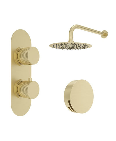 Alita Knurled Bath Set 4 & Wall Mounted Fixed Head Brushed Gold