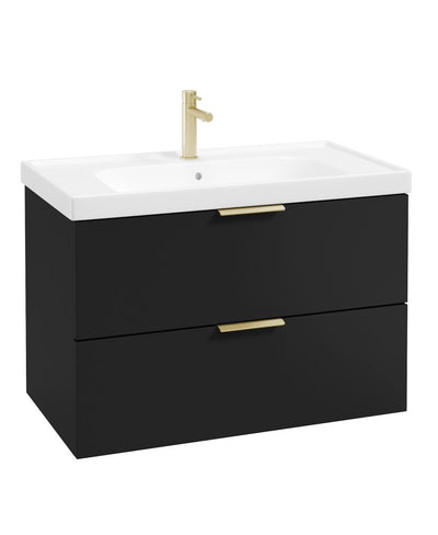 Stockholm Wall Hung 80Cm Two Drawer Unit Matt Black-Brushed Gold Handles