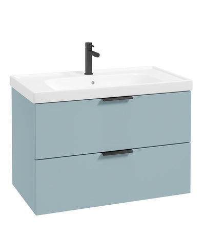 Stockholm Wall Hung 80Cm Two Drawer Unit Matt Morning Sky Blue-Matt Black Handles