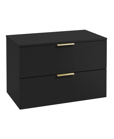 Stockholm Wall Hung 80Cm Two Drawer Countertop Unit Matt Black-Brushed Gold Handles