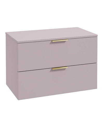 Stockholm Wall Hung 80Cm Two Drawer Countertop Unit Matt Cashmere Pink-Brushed Gold Handles