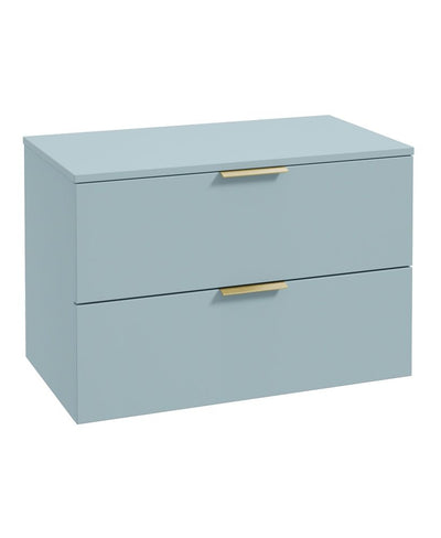 Stockholm Wall Hung 80Cm Two Drawer Countertop Unit Matt Morning Sky Blue-Brushed Gold Handles