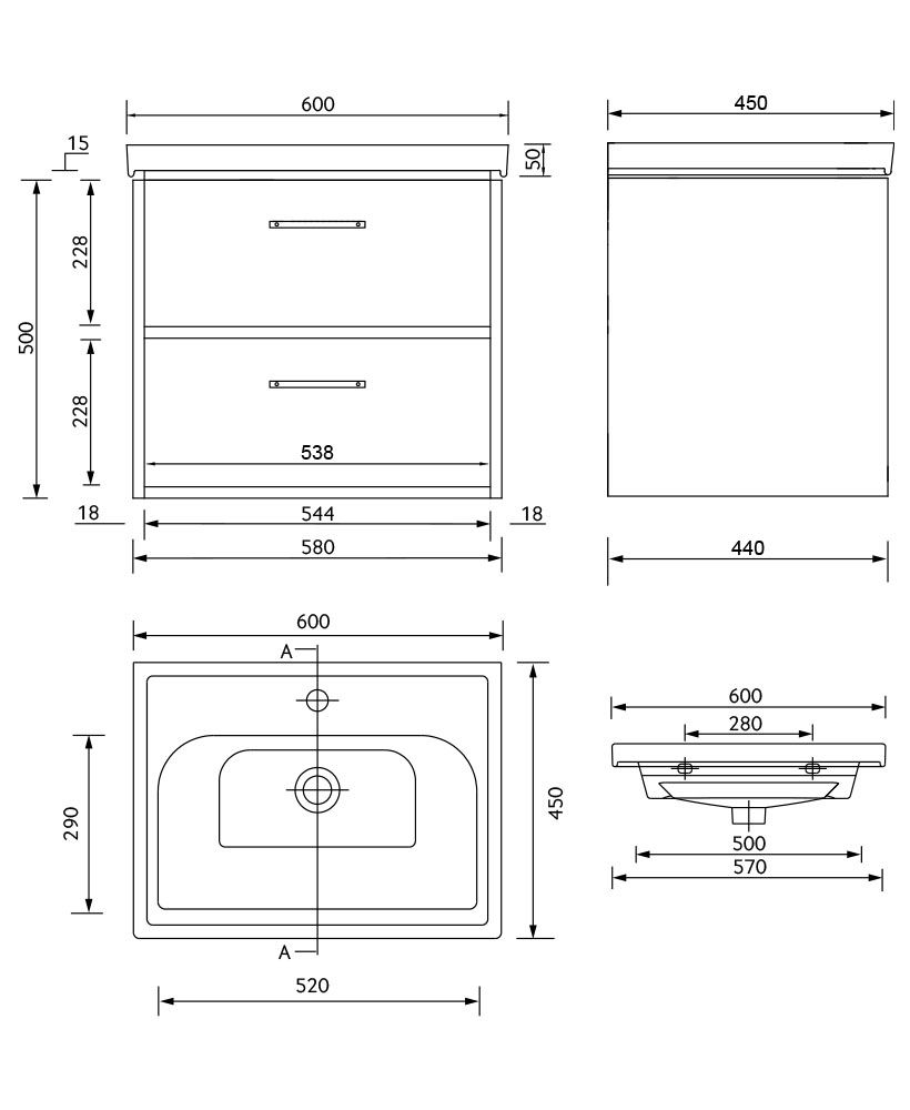 Finland Wall Hung 60Cm Two Drawer Unit Matt Black-Black Handles