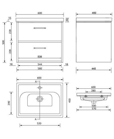 Finland Wall Hung 60Cm Two Drawer Unit Matt Black-Black Handles