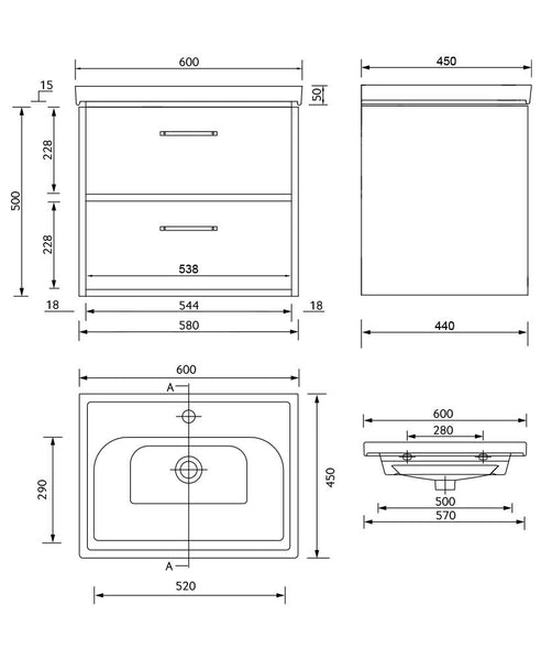 Finland Wall Hung 60Cm Two Drawer Unit Matt Black-Black Handles ...