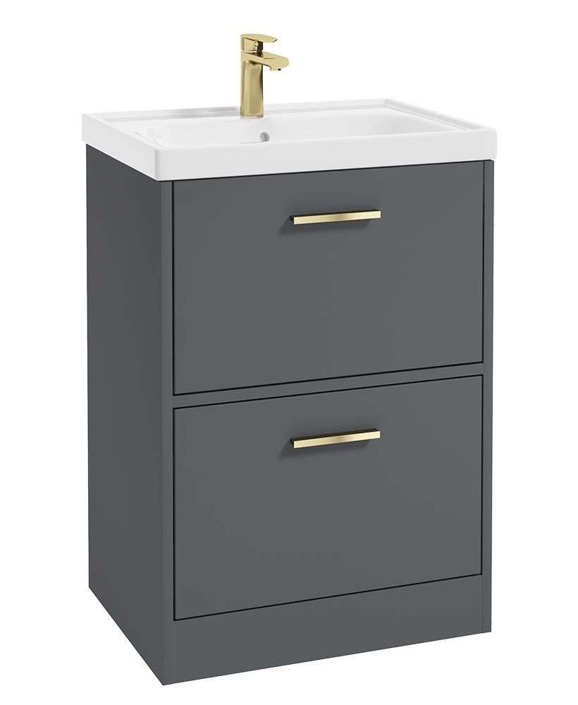 Finland Floorstanding 60Cm Two Drawer Unit Matt Midnight Grey-Gold Handle