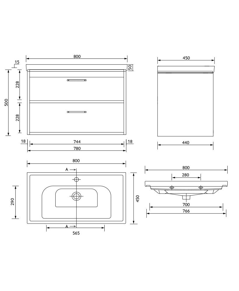 Finland Wall Hung 80Cm Two Drawer Countertop Unit Matt Black-Chrome Handles