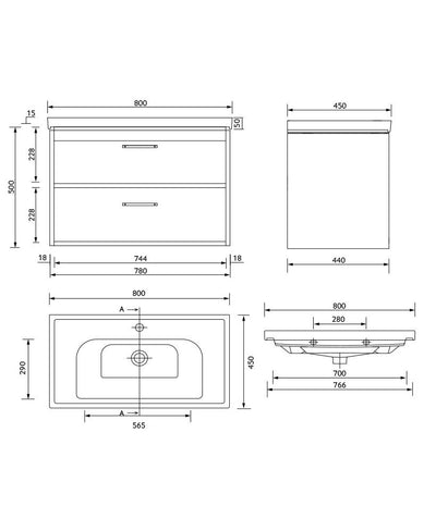 Finland Wall Hung 80Cm Two Drawer Countertop Unit Matt Black-Chrome Handles