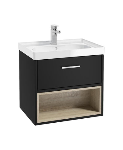 Malmo Wall Hung 60Cm Single Drawer Unit Matt Black-Gloss Basin-Chrome Handle
