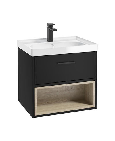 Malmo Wall Hung 60Cm Single Drawer Unit Matt Black-Gloss Basin-Black Handle