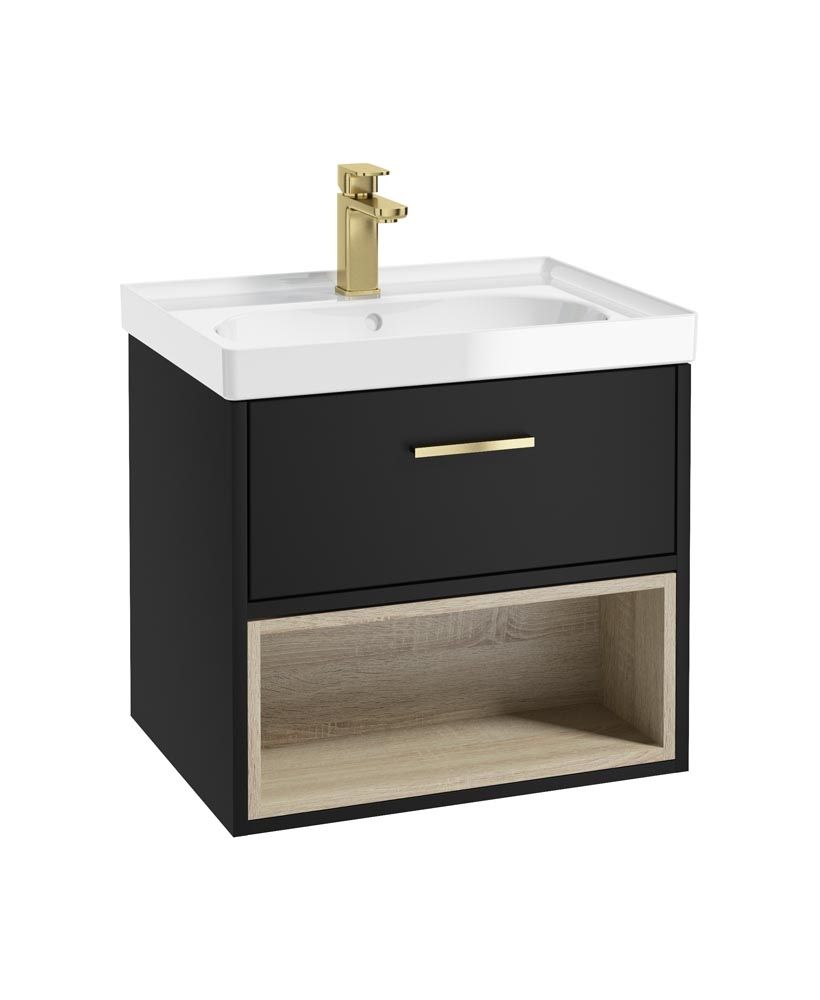 Malmo Wall Hung 60Cm Single Drawer Unit Matt Black-Gloss Basin-Gold Handle