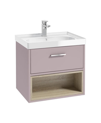 Malmo Wall Hung 60Cm Single Drawer Unit Matt Cashmere Pink-Gloss Basin-Chrome Handle
