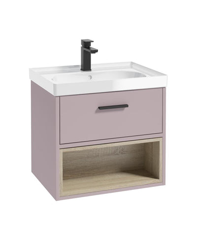 Malmo Wall Hung 60Cm Single Drawer Unit Matt Cashmere Pink-Gloss Basin-Black Handle