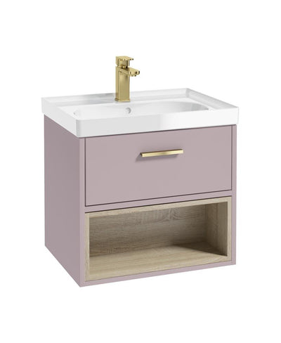 Malmo Wall Hung 60Cm Single Drawer Unit Matt Cashmere Pink-Gloss Basin-Gold Handle