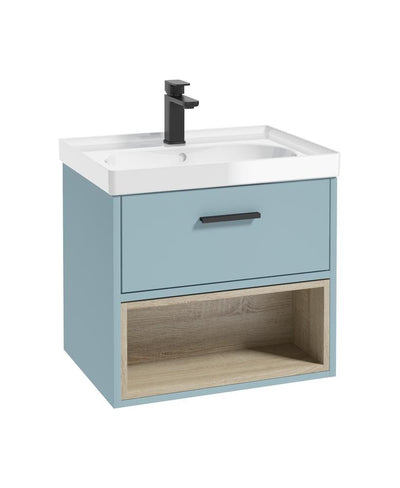 Malmo Wall Hung 60Cm Single Drawer Unit Matt Morning Sky Blue-Gloss Basin-Black Handle