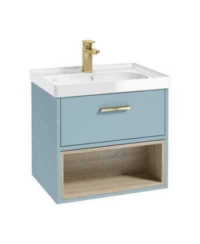 Malmo Wall Hung 60Cm Single Drawer Unit Matt Morning Sky Blue-Gloss Basin-Gold Handle