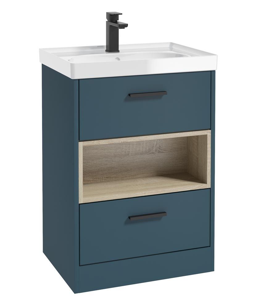 Malmo Floorstanding 60Cm Two Drawer Unit Matt Ocean Blue-Gloss Basin-Black Handles